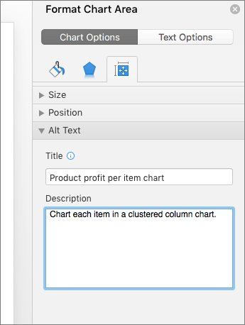 Screenshot of the Format Chart Area pane with the Alt Text boxes describing the selected chart